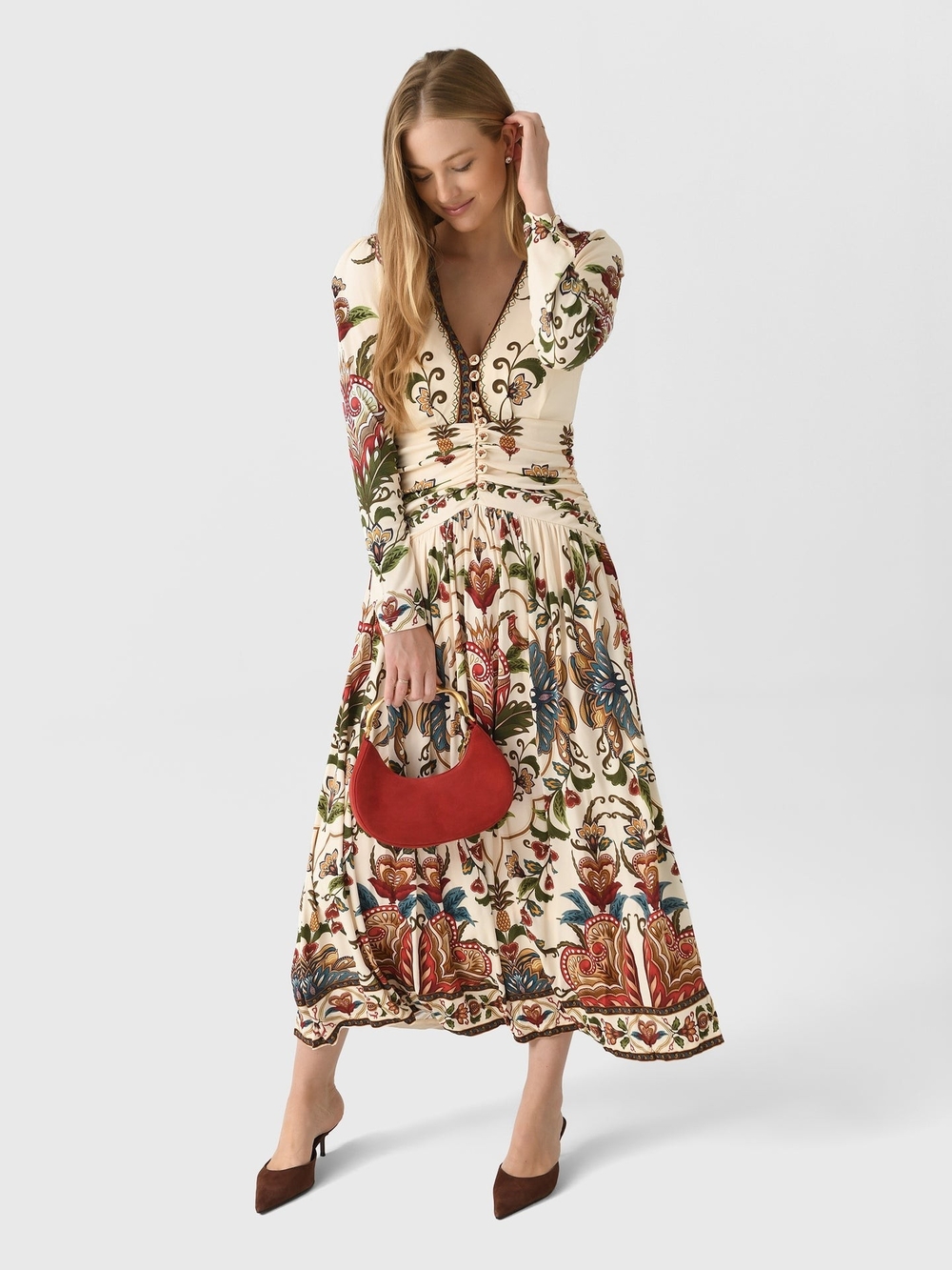FARM Rio Cream Floral V-Neck Long-Sleeve Maxi Dress